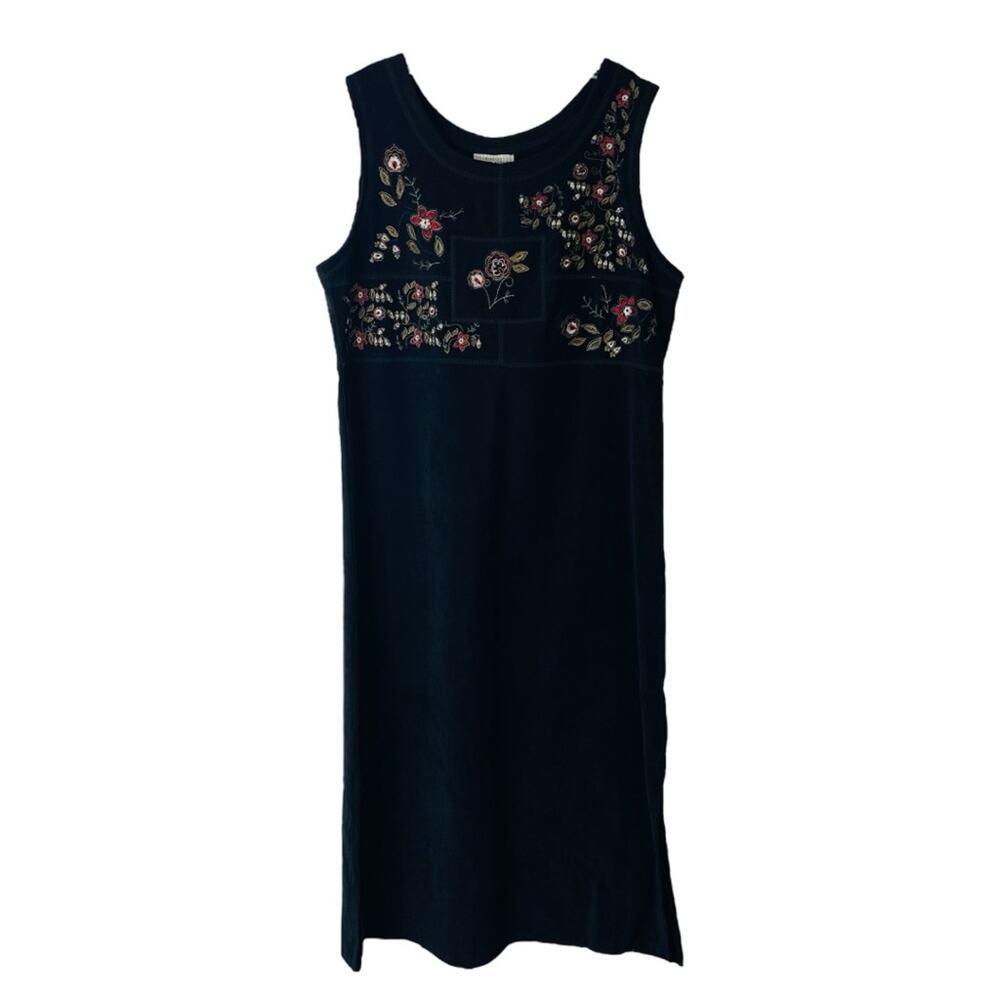 Vintage black red faux suede embroidered floral cottagecore midi dress 12/14